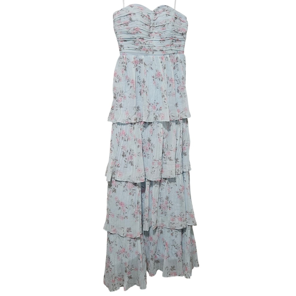 Lulus Light Blue Floral Tiered Lace Up Back Strapless Maxi Dress Gown - Picture 2 of 10